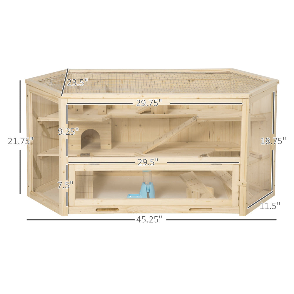 PawHut Wooden Large Hamster Cage Small Animal Exercise Play House 3 Tier with Tray, Seesaws, Water Bottle, Activity Center, Natural