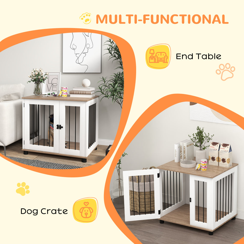 PawHut Dog Crate Furniture, Side Table Indoor Dog Kennel, End Table with Lockable Door for Small and Medium Dogs, Walnut Brown