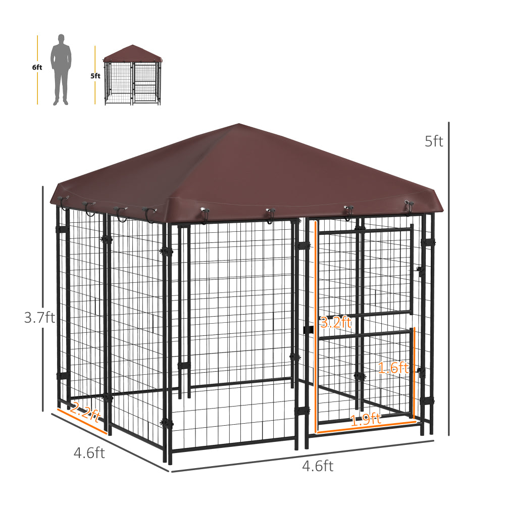 PawHut 4.6' x 5' Dog Kennel Outdoor with Waterproof Cover, Dog Playpen for Small and Medium-Sized Dogs with Two Part Door Design, Brown