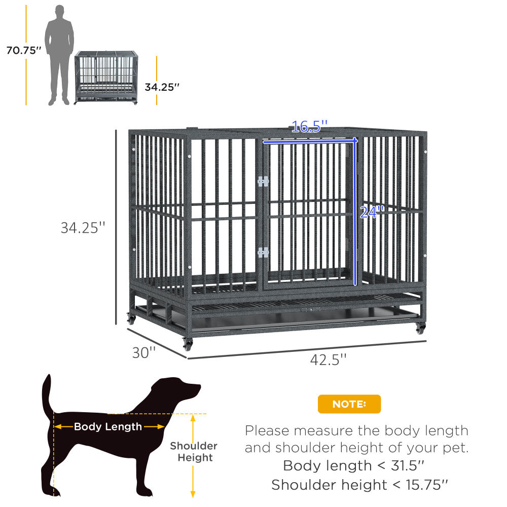 PawHut 43" Heavy Duty Dog Crate Metal Cage Kennel with Lockable Wheels, Double Door and Removable Tray, Grey