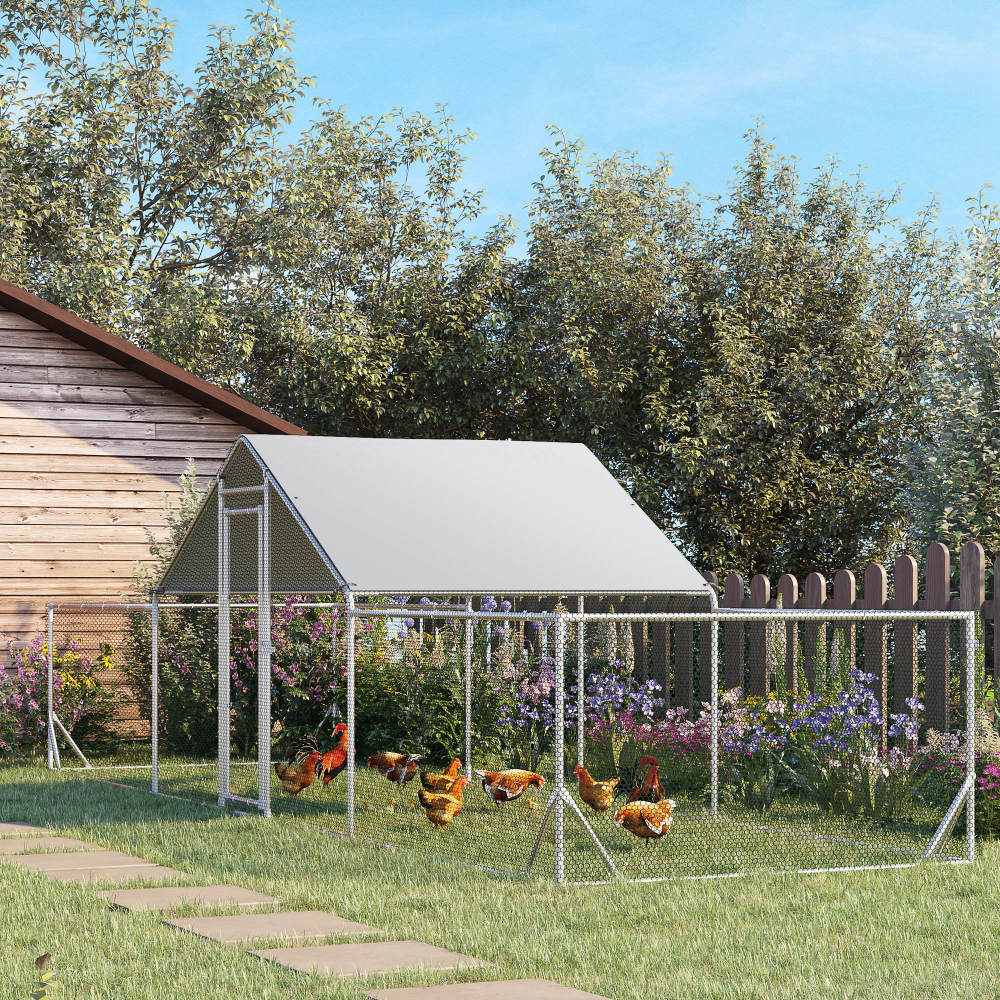 PawHut Large Metal Chicken Coop Chicken Run for Chicken, Ducks and Rabbits with Waterproof and Anti-UV Cover, Walk-in Poultry Cage Hen House for Outdoor and Yard Farm Use, 23' x 6.6' x 6.4'