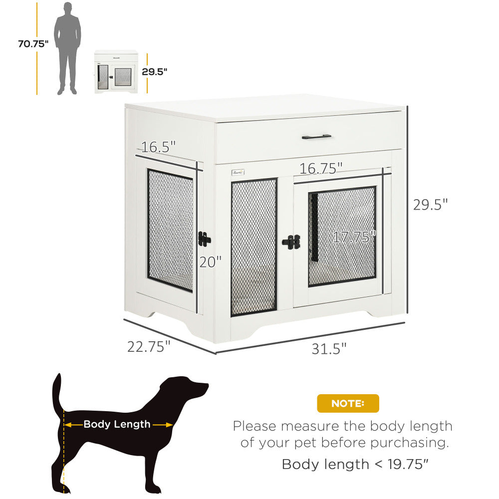 PawHut Dog Crate Furniture with Soft Water-Resistant Cushion, Dog Crate End Table with Drawer, Puppy Crate for Small Dogs Indoor with 2 Doors, White
