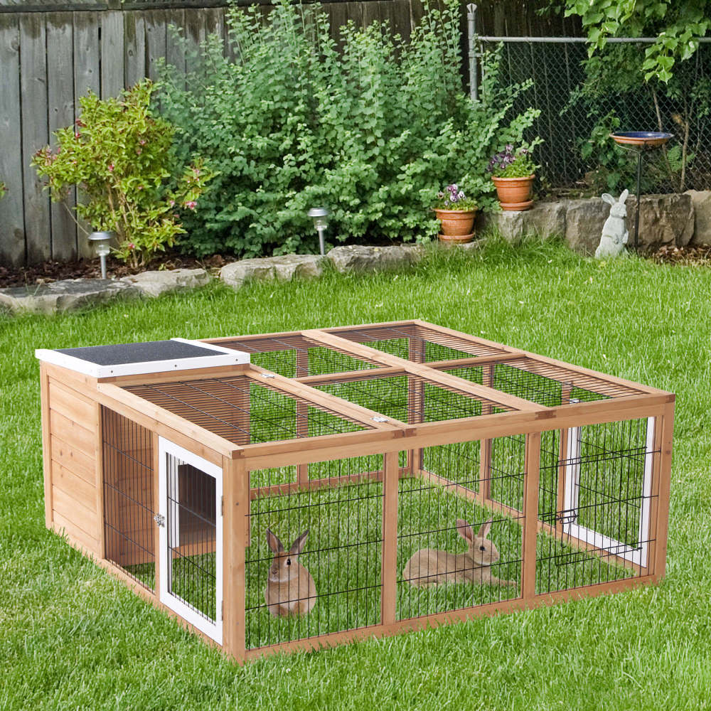 PawHut Rabbit Hutch Bunny Cage with Openable Main House, Indoor Outdoor Waterproof Rabbit House, Guinea Pig Cage for Small Animals with Three Ventilation Doors, Natural