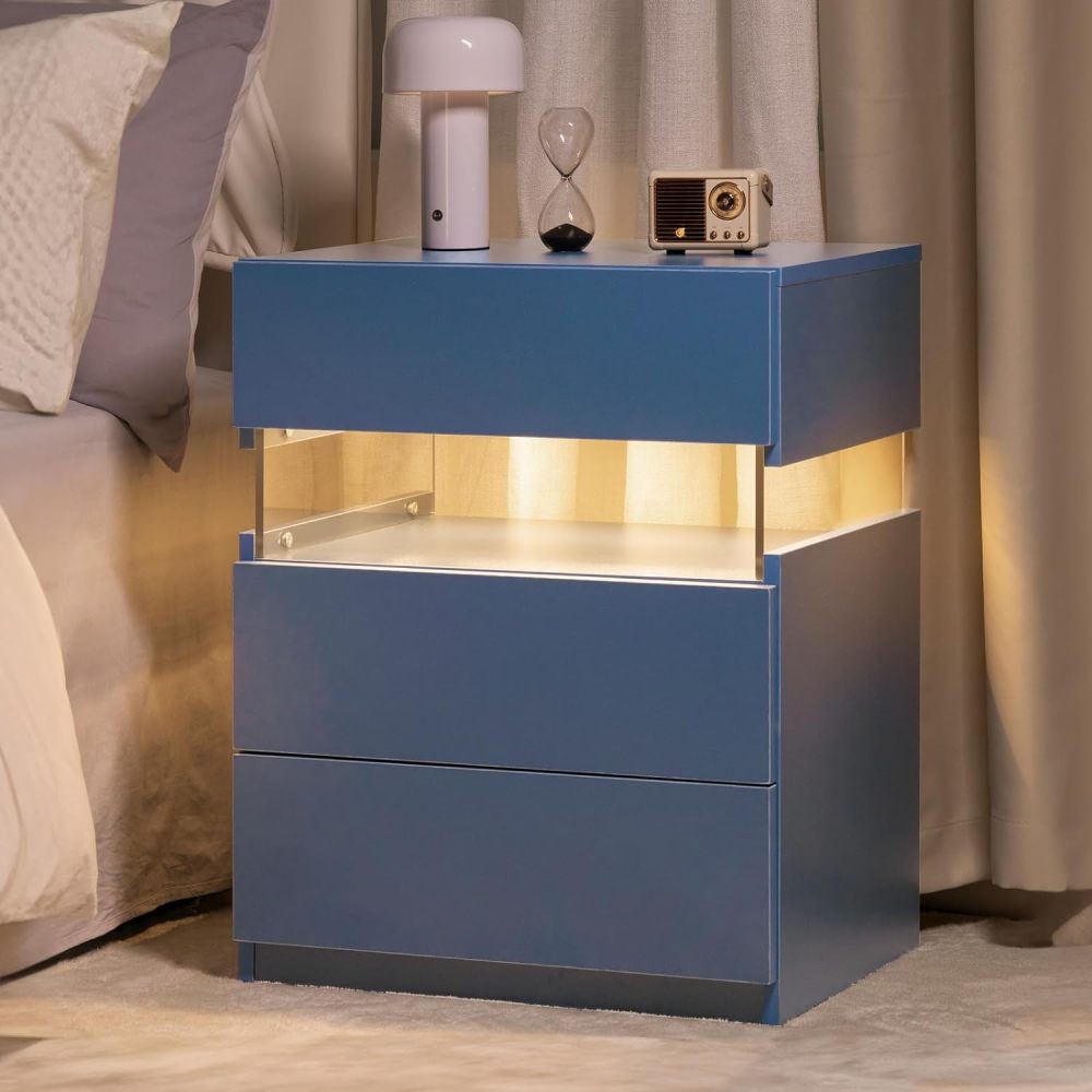 SunJet LED Nightstands 3 Drawer Dresser for Bedroom End Table with Acrylic Board LED Bedside Tables for Bedroom Living Room Bedside Furniture (White)