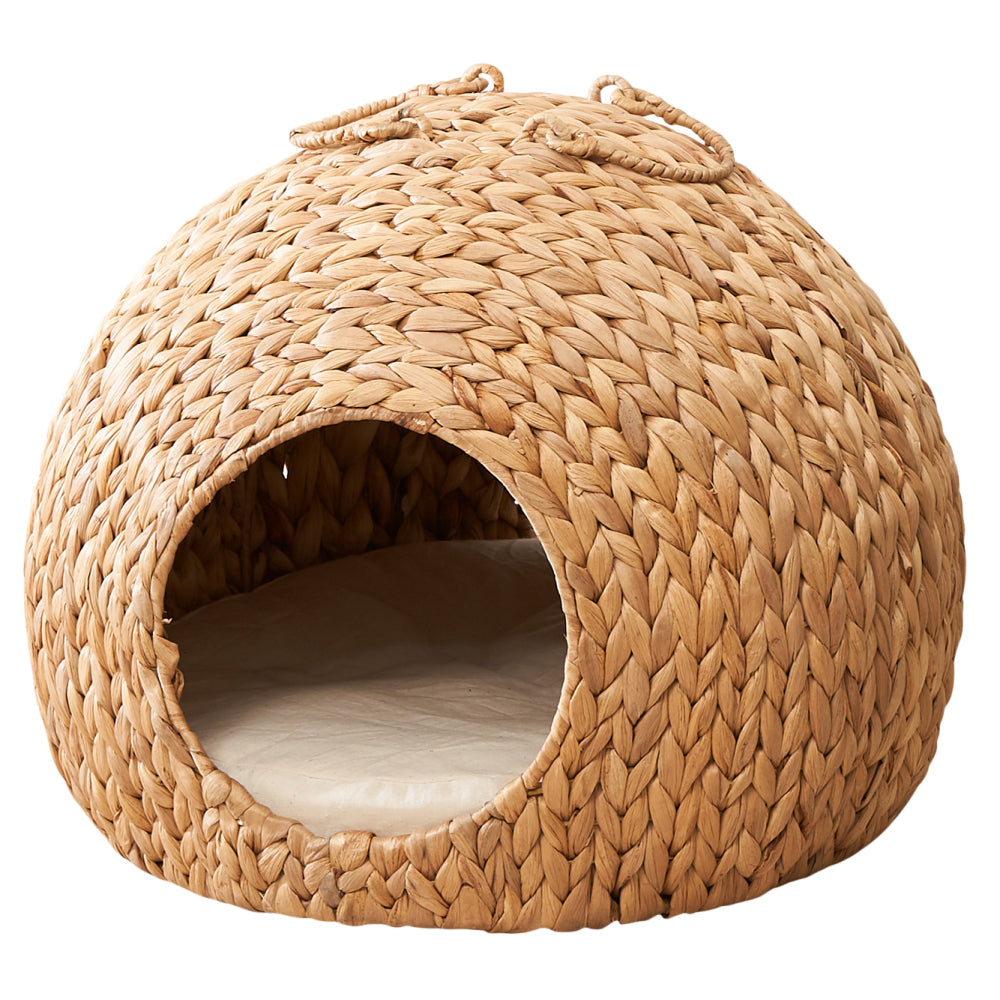 Gertrude Water Hyacinth Woven Wicker Round Cat Bed Cave with Handles - 18" x 18" x 18" - For Any Size Cat Breeds, Chihuahua and Use with Cat Tower