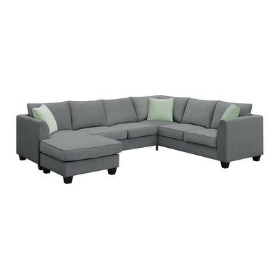 Modern Grey Fabric 7-Seater Modular Sectional Sofa with Ottoman and Pillows, 112*87' L-Shaped Corner Couch Set