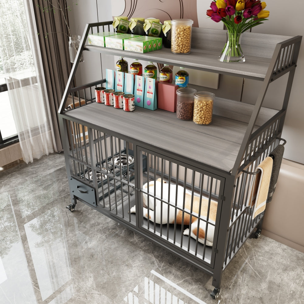 Large pet cage with storage rack, drawers with stainless steel food and water basins, double-layer storage rack made of iron frame and MDF material, sturdy, exquisite, and practical (black+smoke gray)