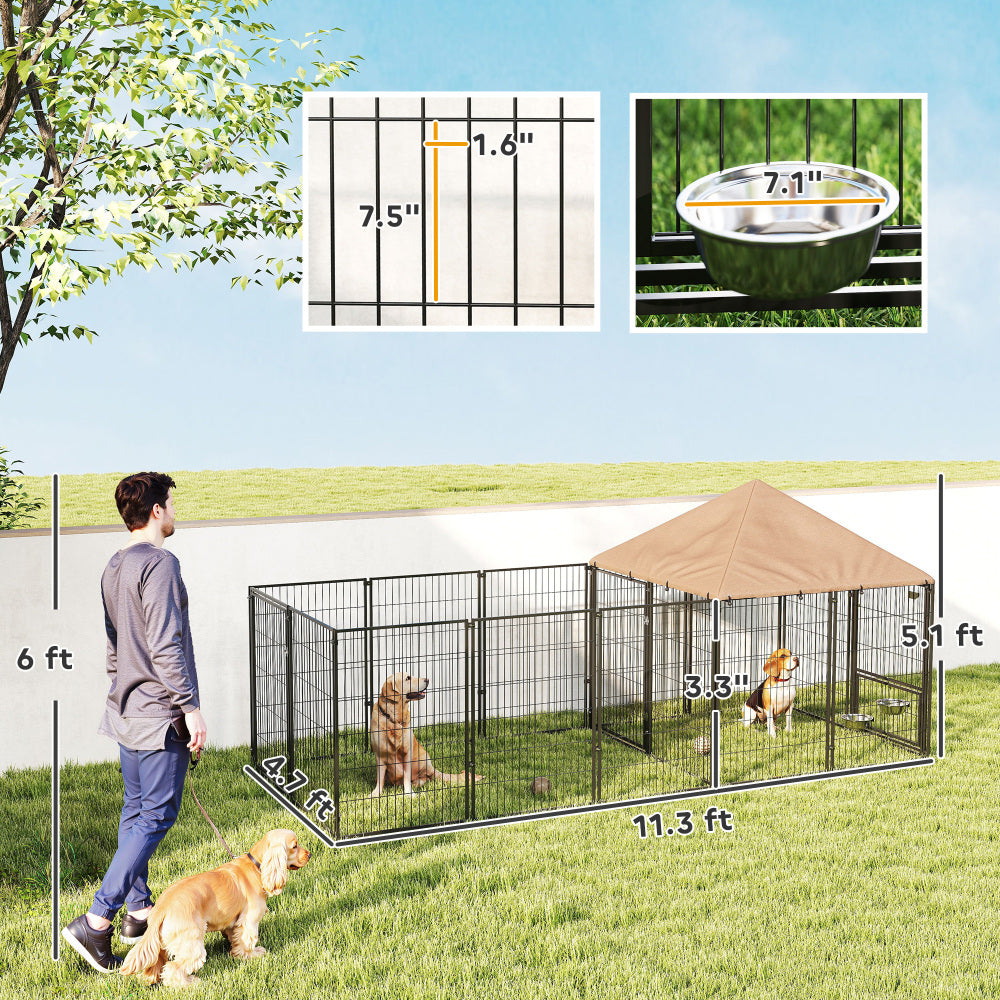 Large Outdoor Dog Kennel with Rotating & Adjustable Height Bowls, Waterproof & UV-Resistant Canopy, Coffee
