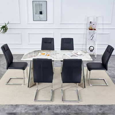 Table and chair set.63'x31.5x30' Luxurious Pandora patterned Sintered Stone Tabletop with Silver Stainless Steel Butterfly Legs.Paried With 6 Black High-quality PU Chairs With Arched Metal Legs.