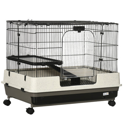 PawHut 26" Small Animal Cage with Wheels, 2-Level Portable Bunny Cage, Chinchilla Ferret Cage with Removable Tray, Platform and Ramp