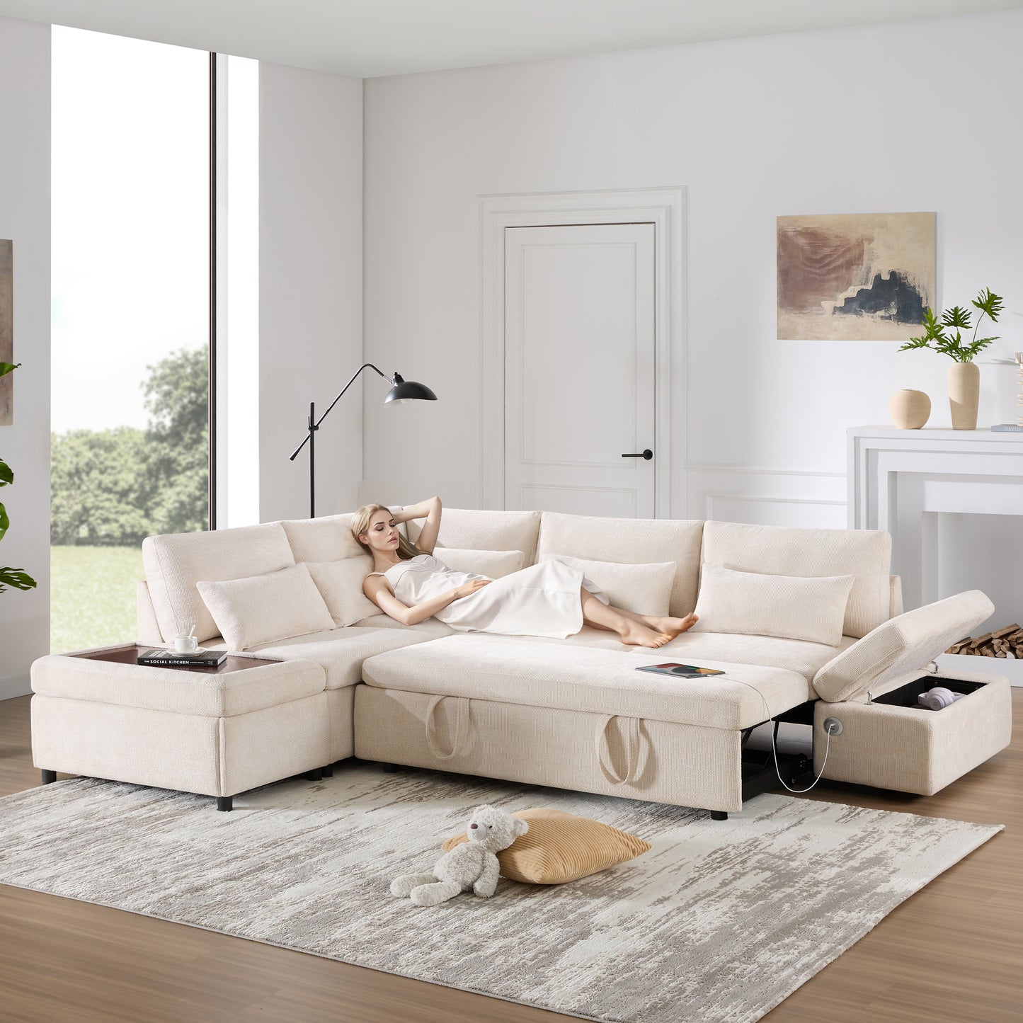 [VIDEO] 107'' Modular Sectional Pull-out Sofa, L shape with Wide Seats, Free Movement Storage Ottoman, Free Combination, Oversize Chenille Sofa for Living Room & Apartment, 2 colors