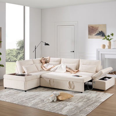 [VIDEO] 107'' Modular Sectional Pull-out Sofa, L shape with Wide Seats, Free Movement Storage Ottoman, Free Combination, Oversize Chenille Sofa for Living Room & Apartment, 2 colors