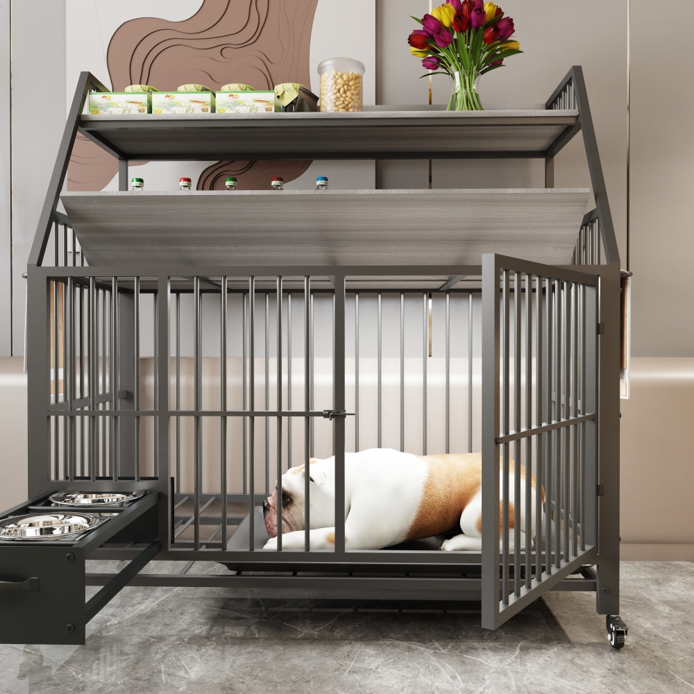 Large pet cage with storage rack, drawers with stainless steel food and water basins, double-layer storage rack made of iron frame and MDF material, sturdy, exquisite, and practical (black+smoke gray)