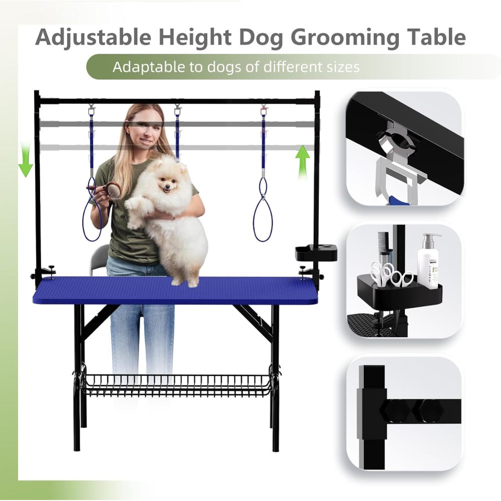 47''Large Dog Grooming Table, Foldable Pet Station at Home, Dog Grooming Table,Adjustable Cat Drying Desktop with Arms, Nooses, Mesh Tray (47Inch Pet Grooming Table Blue)