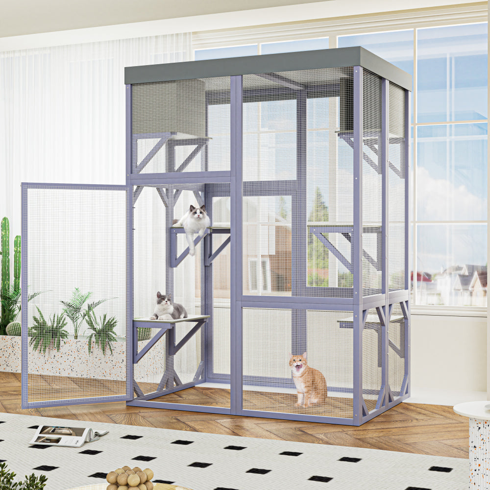Outdoor Wooden Catio Multi-functional Cat Enclosure, 4 Platforms & 2 Napping Houses, 2 Strong Locks, Rounded Corner Design, Indoor Spacious Cage for Cats to Play Rest