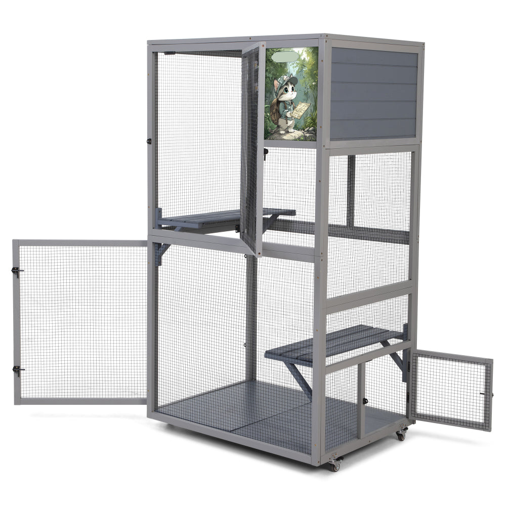 Cat House Catio Outdoor Enclosure with Platforms, 66'' cat condos on Wheels for Outdoor Patio, Dark Gray