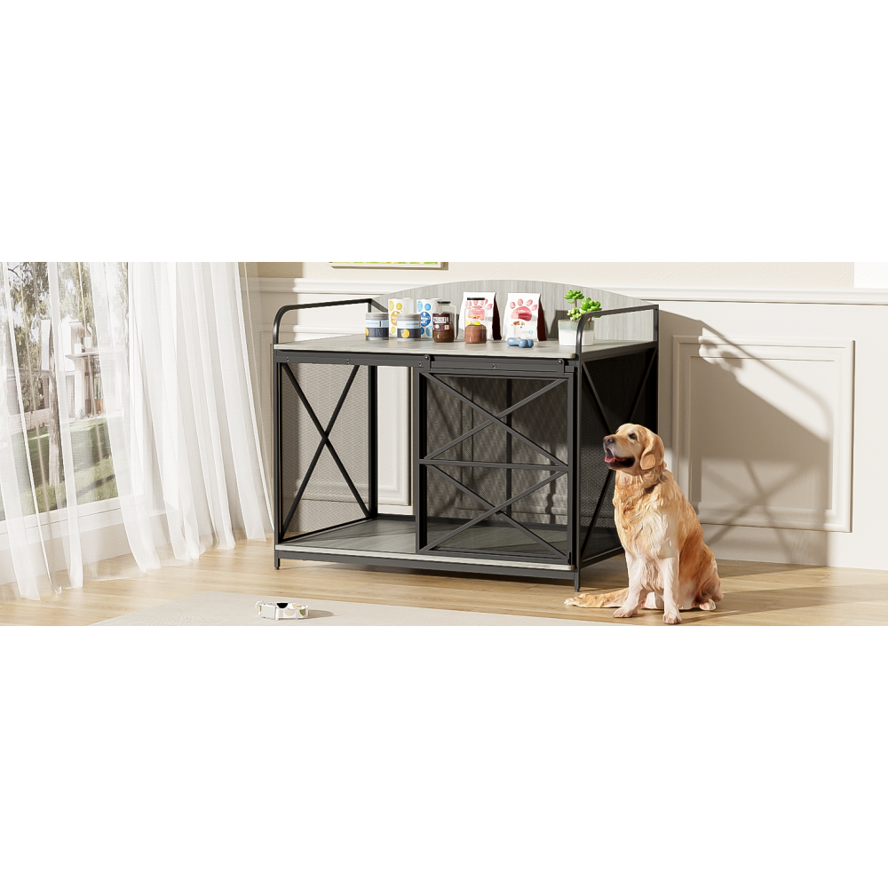 GO 42.8" Heavy Duty Large Dog Crate Furniture for Large Medium Dog, Farmhouse Wooden Dog Kennel Indoor End Table, Decorative Pet House for Large Dogs, Gray