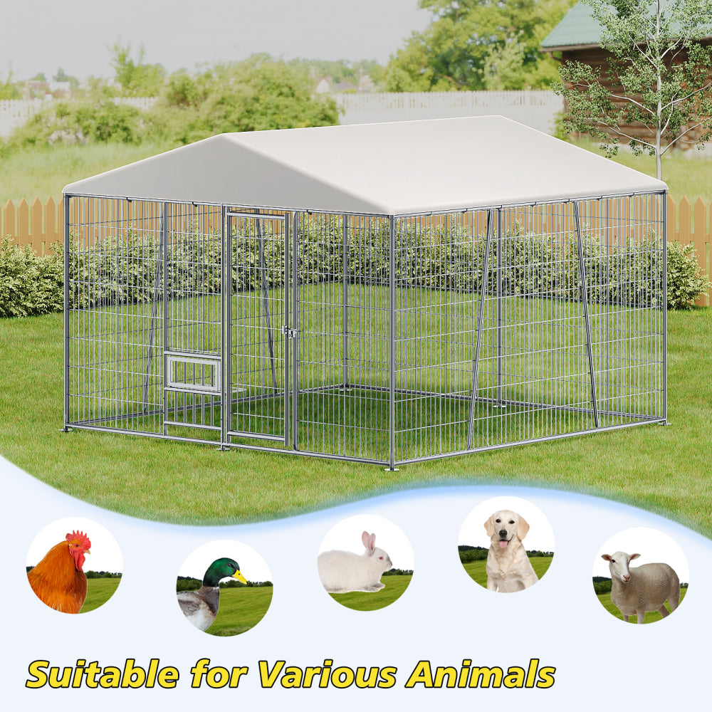 10 x 10-FT heavy-duty outdoor dog kennel with feeding bowl, full coverage waterproof roof, easy-to-assemble wire mesh fence with secure lock.