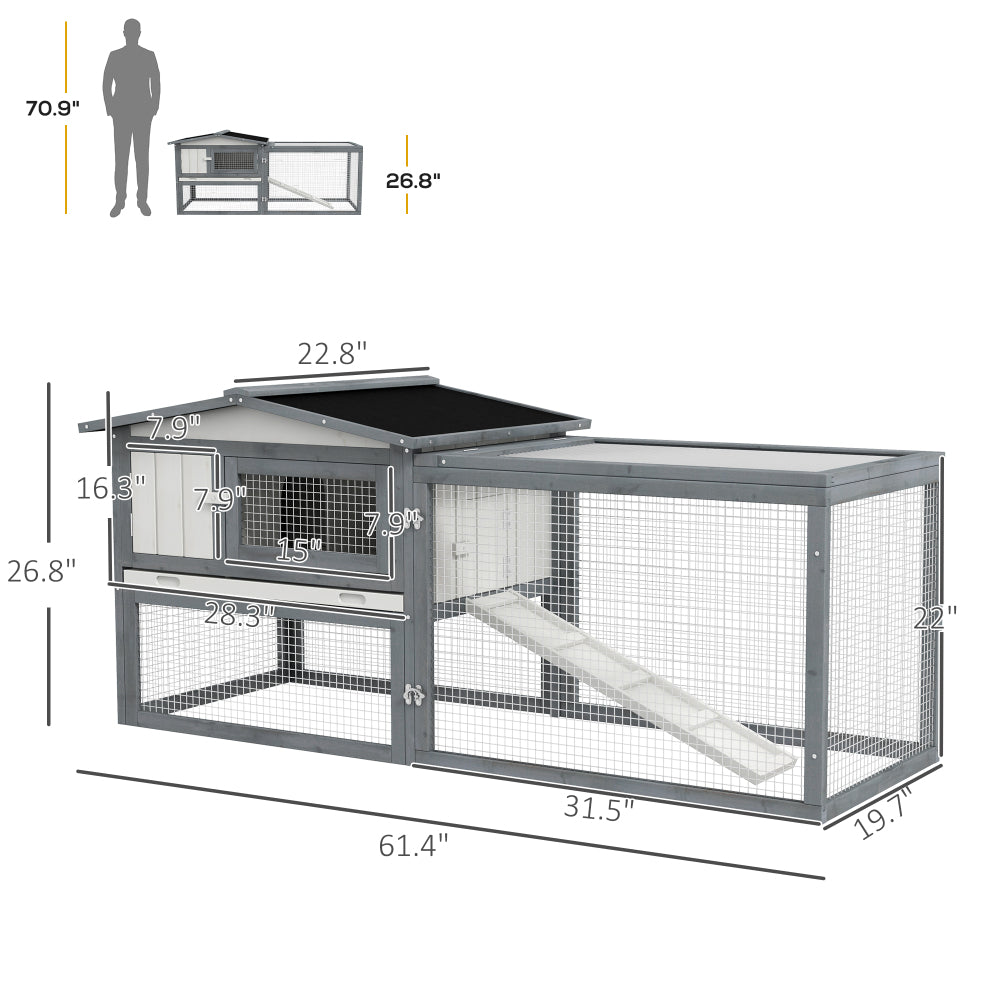 PawHut Large Rabbit Hutch Outdoor, 2-Tier 61" L Rabbit Cage with Run Feeding Trough Wooden Guinea Pig Hutch with Removable Tray, Ramp, Asphalt Roof, for 1-2 Rabbits, White