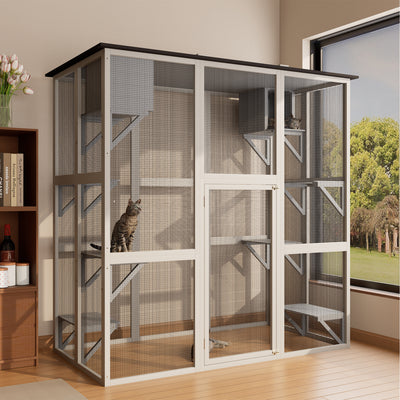 70.9" Gray Wooden Outdoor Catio Cat Enclosure with Weatherproof Asphalt Roof, Large Walk-in Cat House with 6 Platforms & 2 Napping Boxes, Solid Wood Cat Cage Playpen for Patio or Backyard