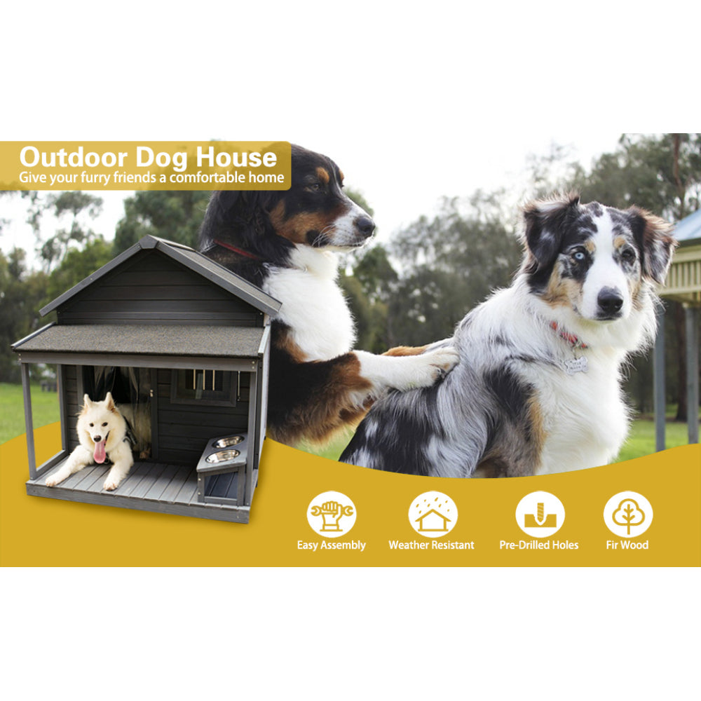 Large balcony dog house, length 44.2" x width 44.6 "x height 44.6" Solid wood asphalt roof dog house with large terrace, weatherproof large dog house, cleaning mat, feeding bowl
