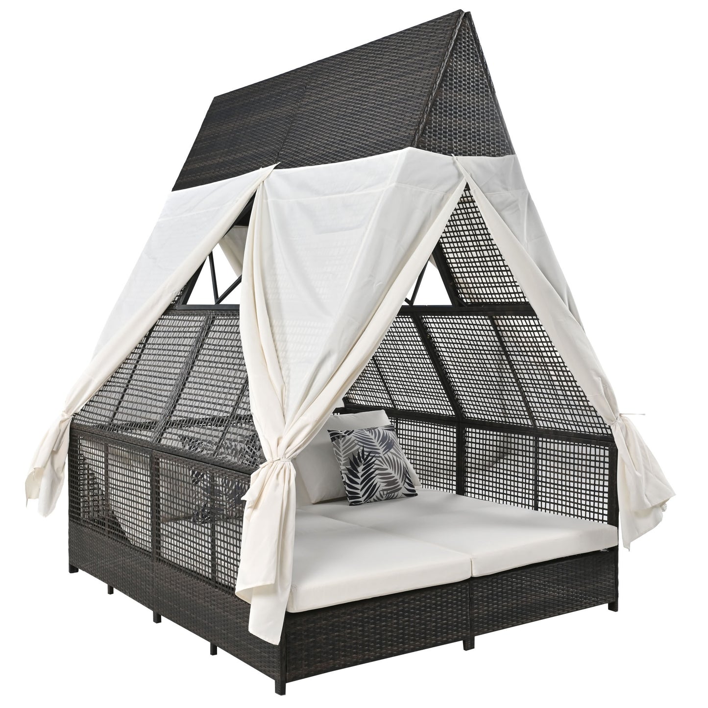 Elegant Outdoor Patio Daybed with Adjustable Backrest and Curtains, Cream, Polyester and Rattan, 80 x 65.3 x 94.8 inches