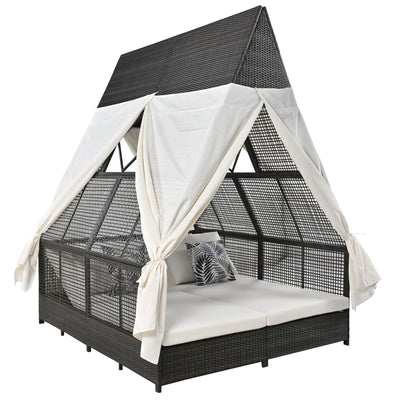 Elegant Outdoor Patio Daybed with Adjustable Backrest and Curtains, Cream, Polyester and Rattan, 80 x 65.3 x 94.8 inches