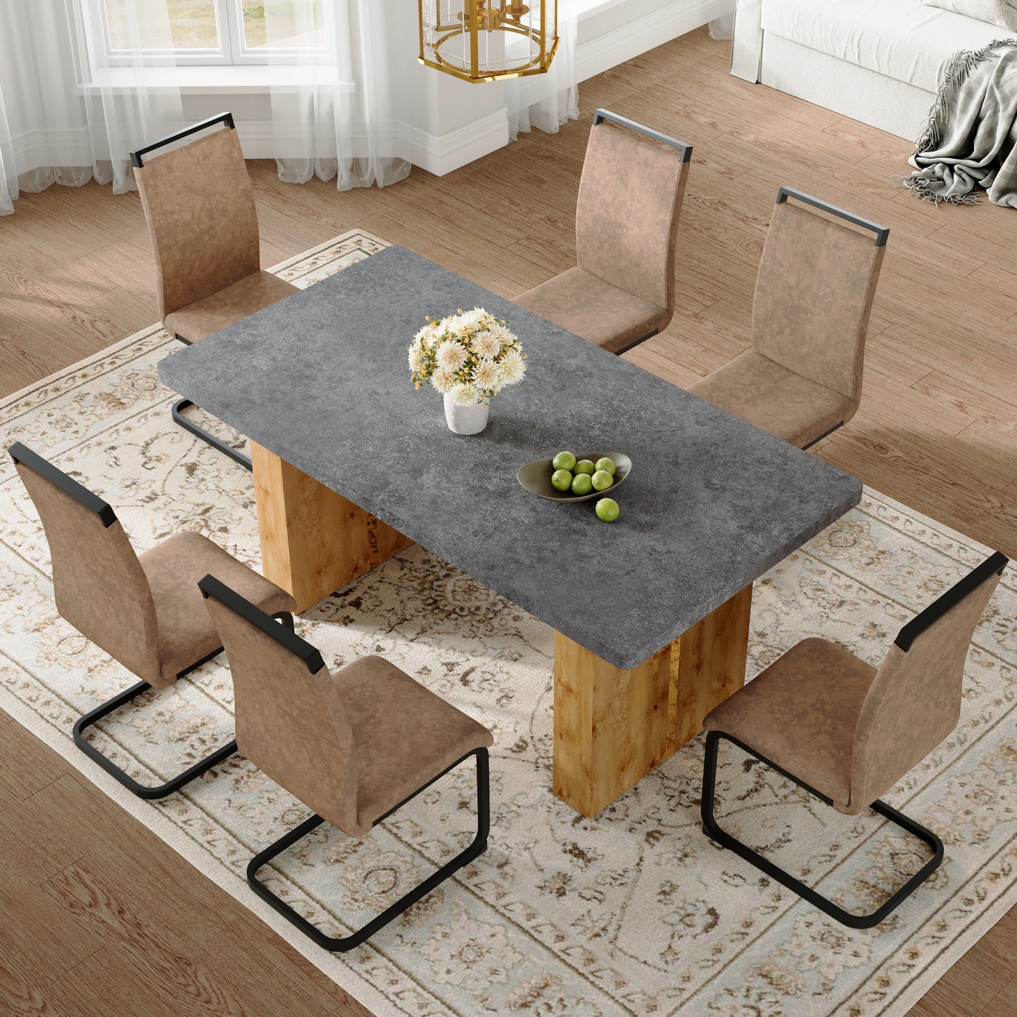 Table and chair set.Cozy Modern MDF Dining Set - 67'x35.4' with 6 brown technology fabric chairs with Featuring arched black legs.Suitable for home dining rooms,hotels,other commercial spaces.