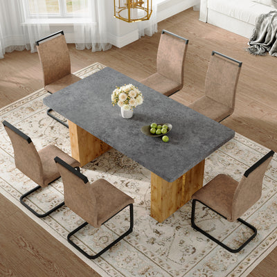 Table and chair set.Cozy Modern MDF Dining Set - 67'x35.4' with 6 brown technology fabric chairs with Featuring arched black legs.Suitable for home dining rooms,hotels,other commercial spaces.
