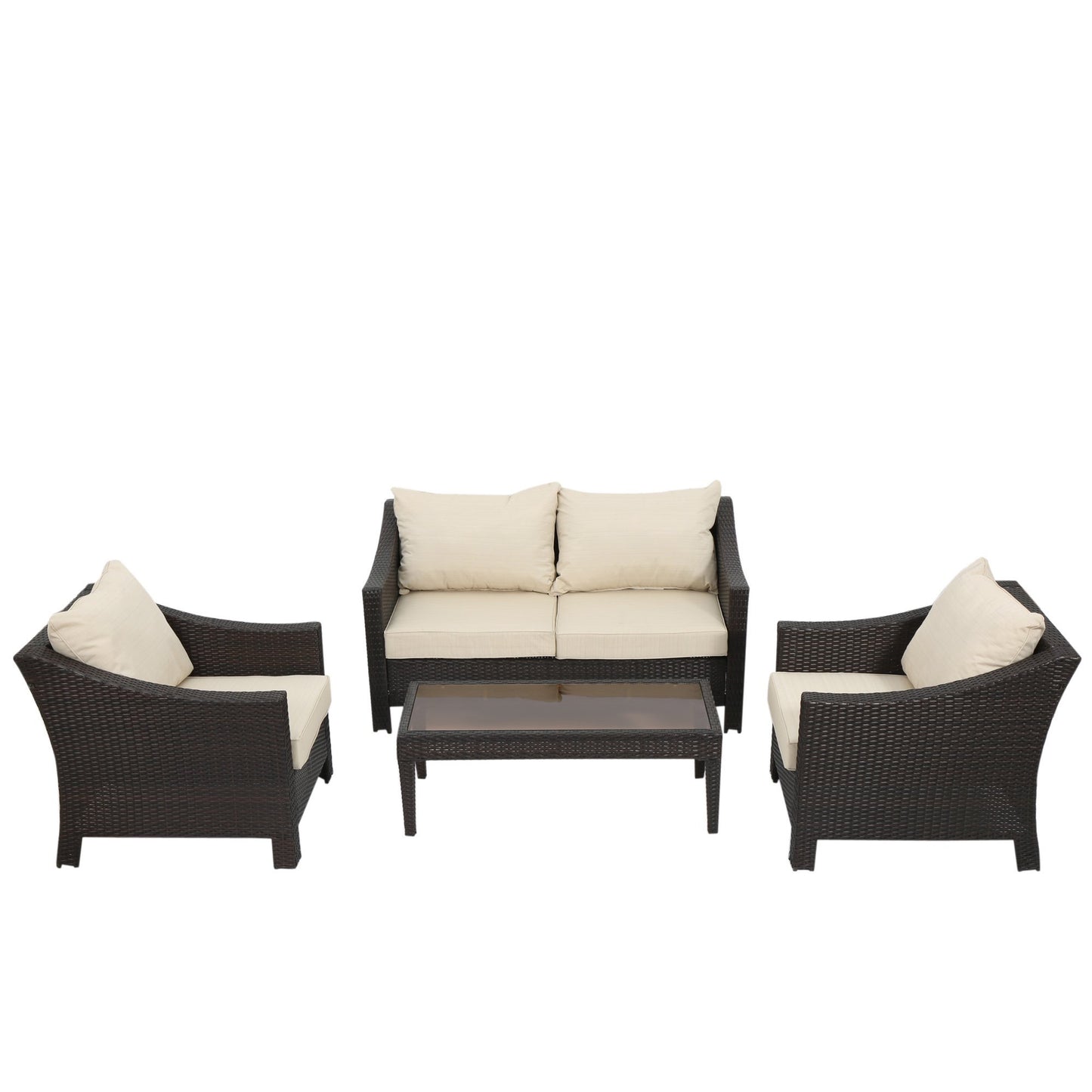 ANTIBES 4PCS Wicker Chat Set with Beige Cushion - Durable Outdoor Seating with Coffee Table