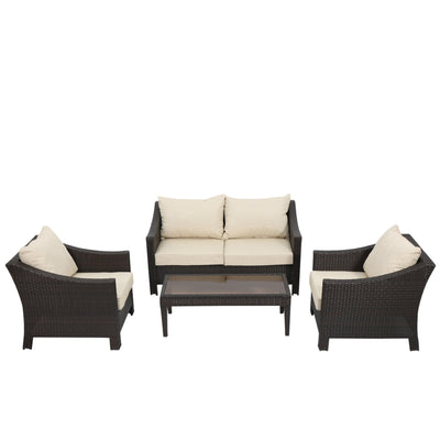 ANTIBES 4PCS Wicker Chat Set with Beige Cushion - Durable Outdoor Seating with Coffee Table