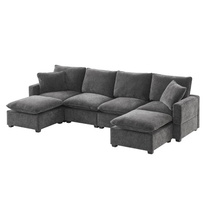 Modern U Shape Modular Sofa, 6 Seat Chenille Sectional Couch Set with 2 Pillows, Freely Combinable Indoor Furniture, 110*57 inches