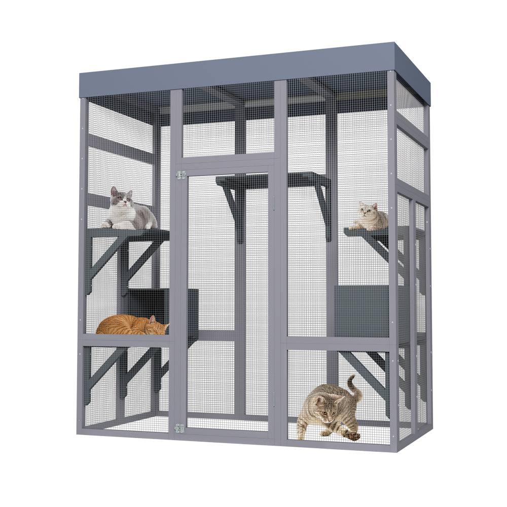 62.6" Wooden Outdoor Catio for Cats, Large Cat Enclosure with Waterproof Roof, 2 Napping House, Platforms & Rust-Proof Wire – Secure Pet Cage for Backyard or Patio