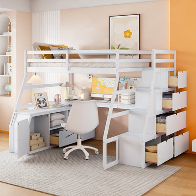 Full Size Loft Bed with 7 Drawers 2 Shelves and Desk - White
