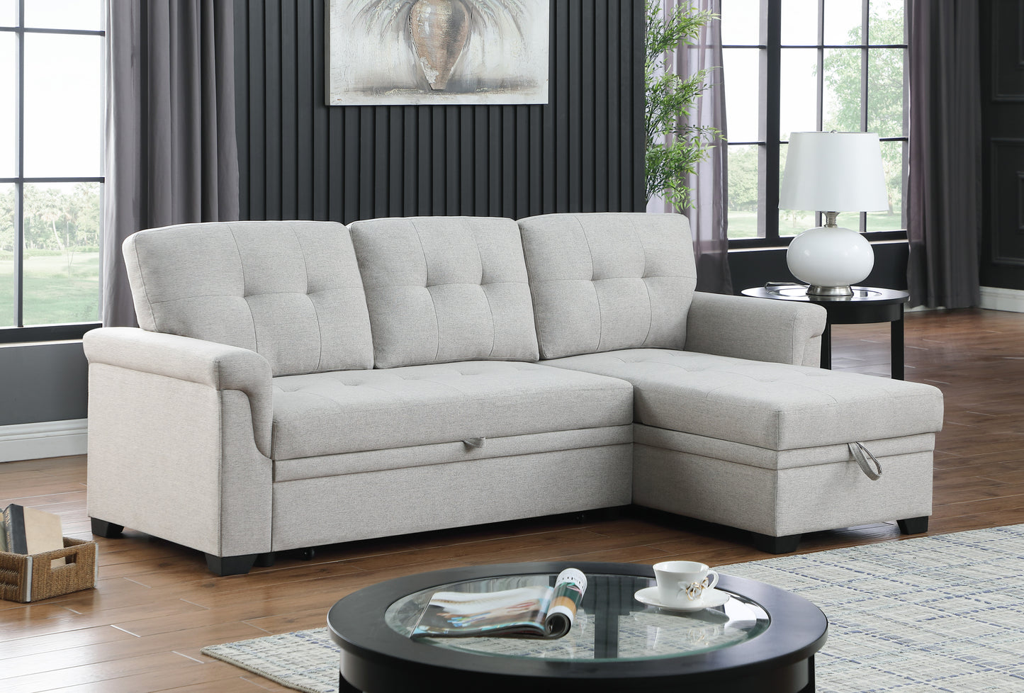 Lucca 84' Light Gray Linen Reversible Sleeper Sectional Sofa with Storage Chaise