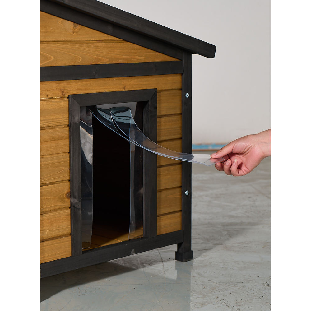 Large Outdoor Wooden Dog House with Dual Doors, Waterproof Asphalt Roof & Lift-Up Top, Fir Wood Dog Shelter for Medium to Large Dogs (Black & Natural Finish)