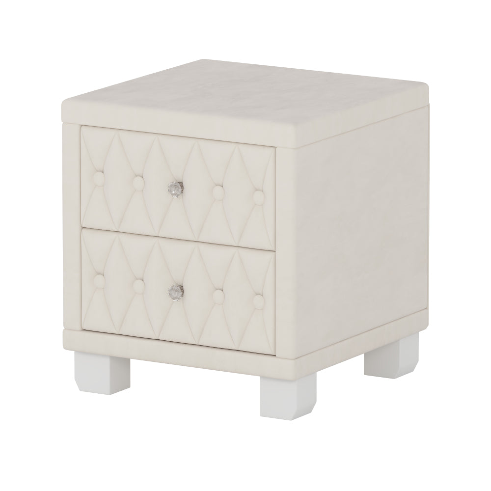 SunJet  Elegant Velvet Nightstand with 2 Drawers and Crystal Handle, Storage Bedside Table with Button-Tufted, Beige