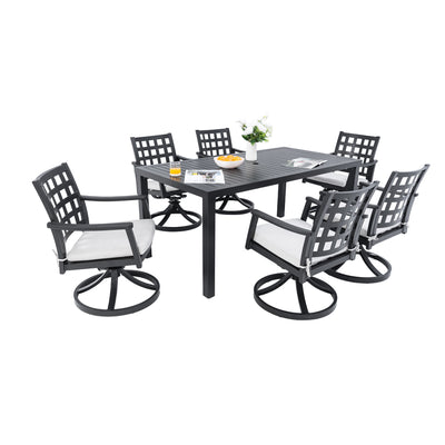 Modern Classic 7-Piece Outdoor Patio Dining Set, a Rectangular Table & Six Swivel Rock Dining Chairs, Cast Aluminum, Rust-Free, Textured Ember Black, Sunbrella Cushion, Weather-Resistant, for Garden