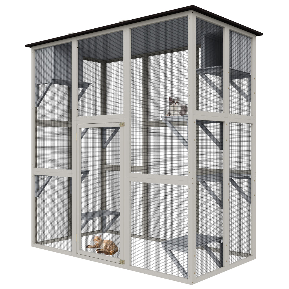 70.9" Gray Wooden Outdoor Catio Cat Enclosure with Weatherproof Asphalt Roof, Large Walk-in Cat House with 6 Platforms & 2 Napping Boxes, Solid Wood Cat Cage Playpen for Patio or Backyard