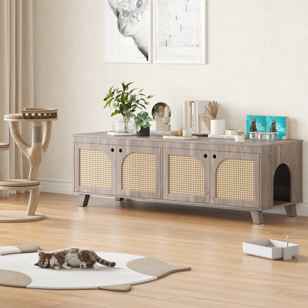 Double Hidden Cat Litter Box Enclosure Furniture Cabinet with Rattan Decorated Doors for Two Cats, Two Entrances