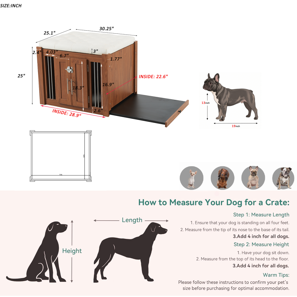 30.25"L, 2 in 1 Night Stand with Storage & Dog Crate, Luxury Wooden Side Table Dog Kennel, End of Bed Bench Ottoman with Removable Cushion for Bedroom, Living Room, Walnut