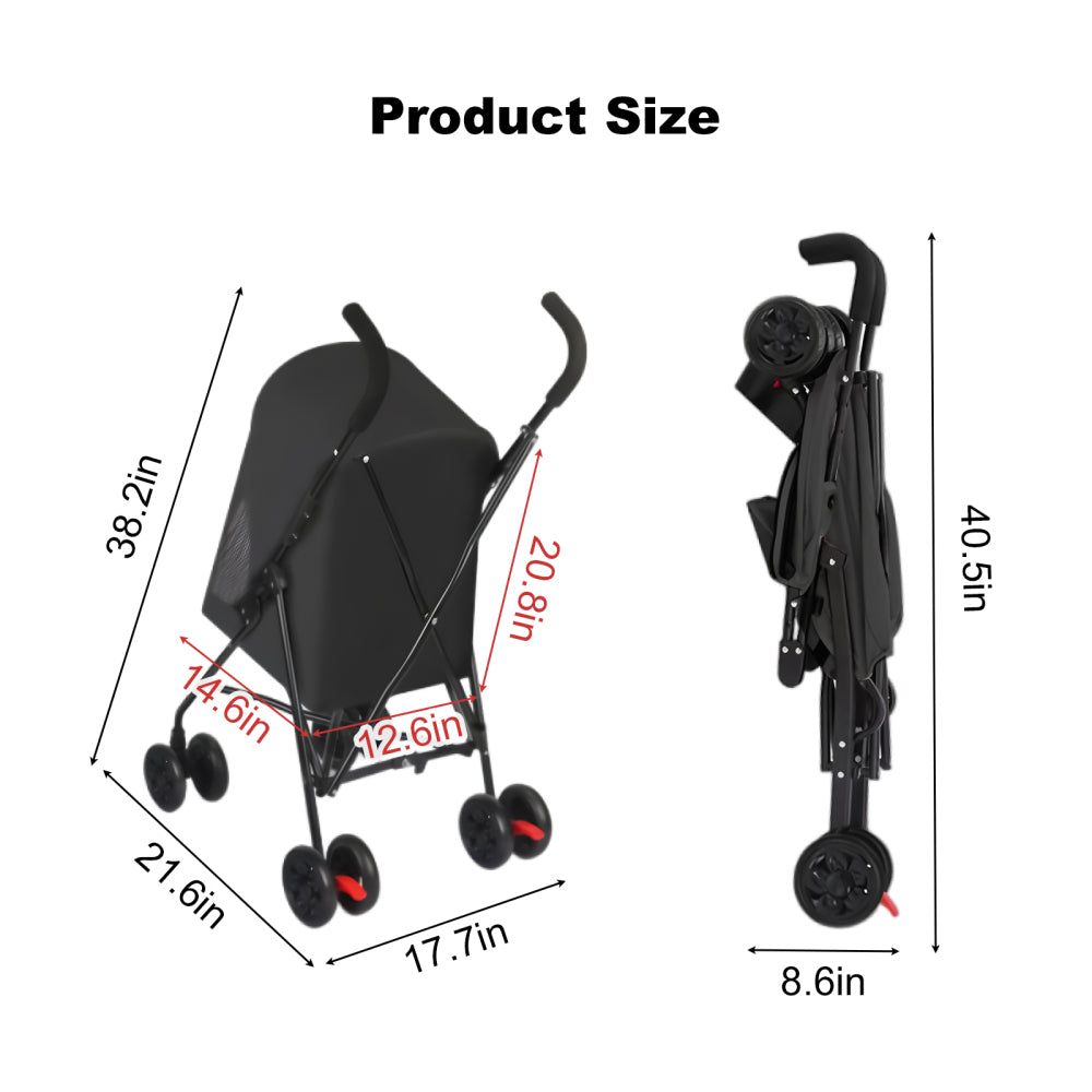 Pet Stroller for Small Dogs Cats with Mesh Ventilation, Lightweight Foldable Design, Cup Holder, Black