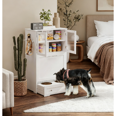 Pet Feeder Station Storage Cabinet, with Dog Raised Bowls, White