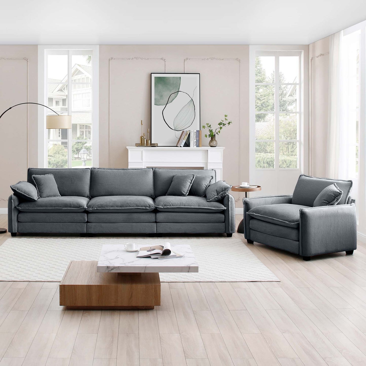 Mid-Century Modern Sofa Set of Two, One 3-Seater Sofa and One Single Seat Sofa with 2 Arm Pillows and 4 Throw Pillows,2 Pieces Sofa Set for Living Room,Grey Corduroy Fabric