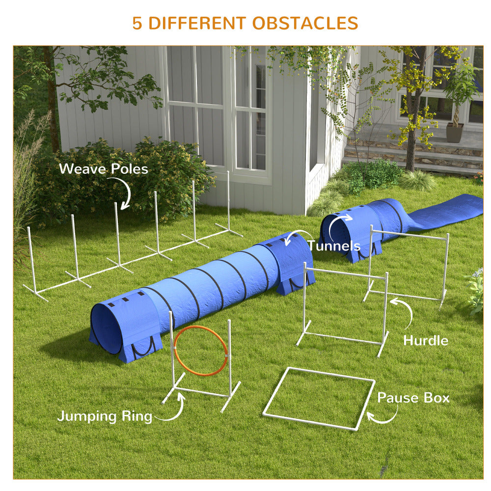 PawHut 7 Piece Dog Agility Training Equipment, Dog Obstacle Course Starter Kit with Tunnels, Weave Poles, Adjustable Hurdles, Jumping Ring, Pause Box, Whistle, Blue