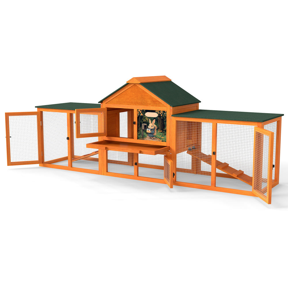Large Rabbit Hutch with Rest Area, 2 Play Areas, 2 Handles, 2 Ramps, Removable Tray and Waterproof Roof