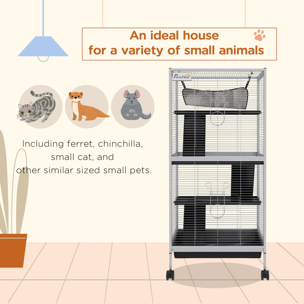PawHut Metal Small Animal Cage Rolling Big Ferret Cage, Chinchilla Cage, Sugar Glider Cage, with Hammock & 4 Tiers, Removable Tray, White
