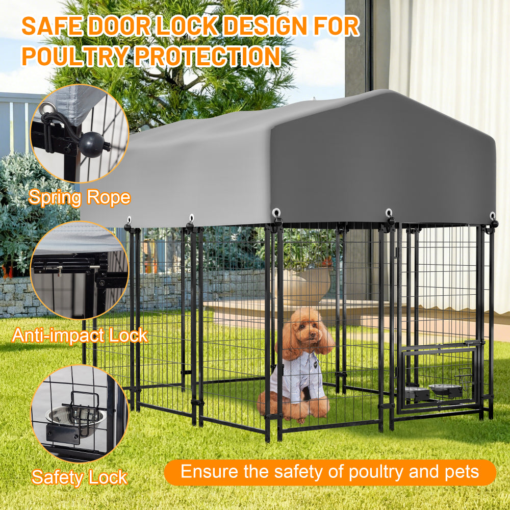 Dog Kennel Outdoor with Roof, 4.23'x5.82'x4.83' Welded Wire Enclosure, Heavy Duty Dog Crate with UV-Resistant Waterproof Cover, Double Lock & Rotating Feeder