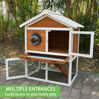 Rabbit Hutch Outdoor, Bunny Cage with Waterproof Roof, Removable Pull Out Tray,  2-tier Wooden Rabbit House for Small Animals, Rabbit Enclosure Suits for Guinea Pigs, Hamster,.Viewing Window Design
