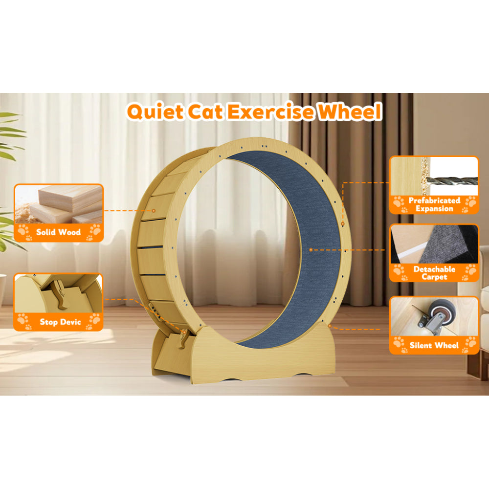 Cat Exercise Wheel for Indoor Cats, 42" Cat Treadmill Wheel with Detachable Carpeted Runway, Natural Solid Wood Sturdy Running Wheel for Running/Training/Walking, Suitable for Most Cats
